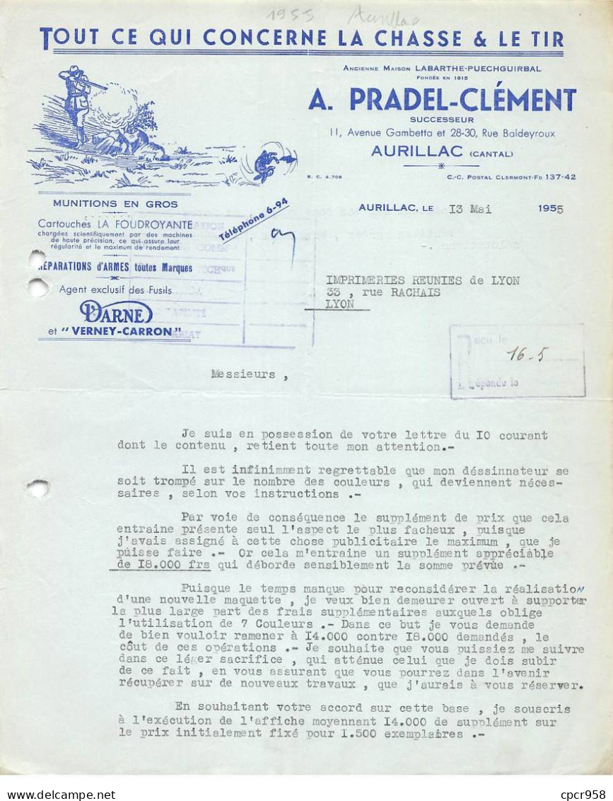 Facture.AM24071.Aurillac.1955.Pradel-Clément.Chasse.Tir.Darne.Verney-Carron - 1950 - ...