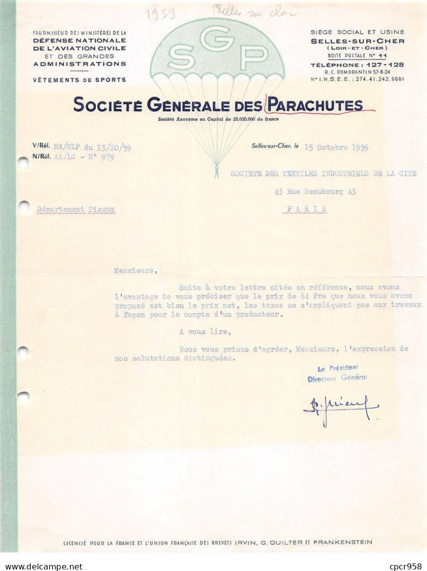 Facture.AM24053.Selles Sur Cher.1959.Société Générale Des Parachutes.Vêtements Auto.moto.Ski... - 1950 - ...