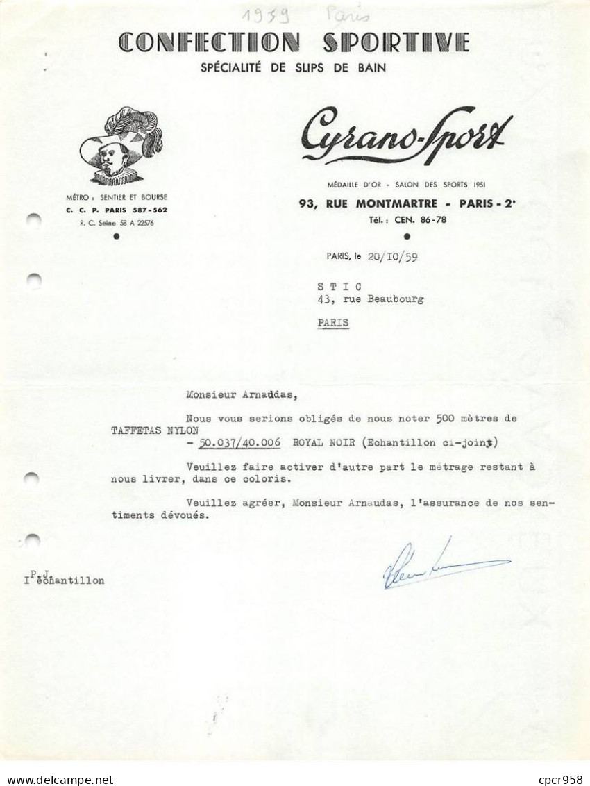 Facture.AM24054.Paris.1959.Confection Sportive.maillots.Cyrano.Sport - 1950 - ...