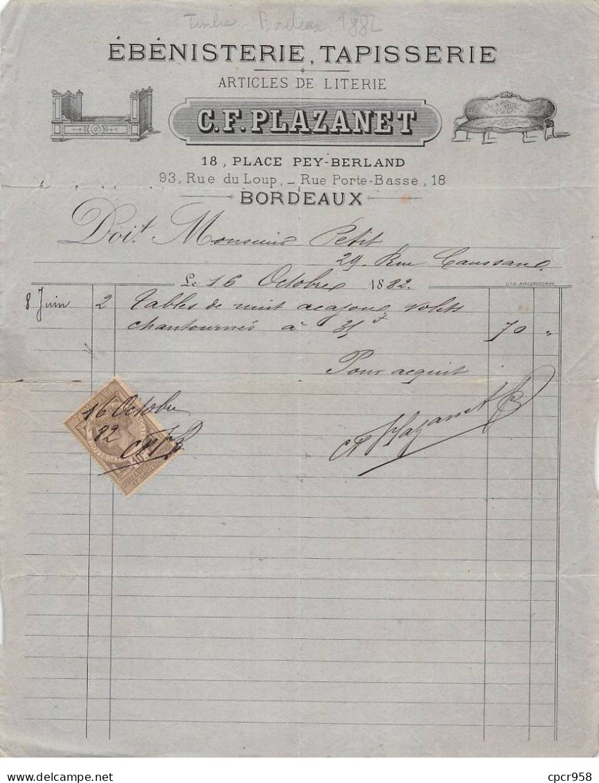 Facture.AM24253.Bordeaux.1882.CF Plazanet.Ebenisterie.Tapisserie.Literie - 1800 – 1899
