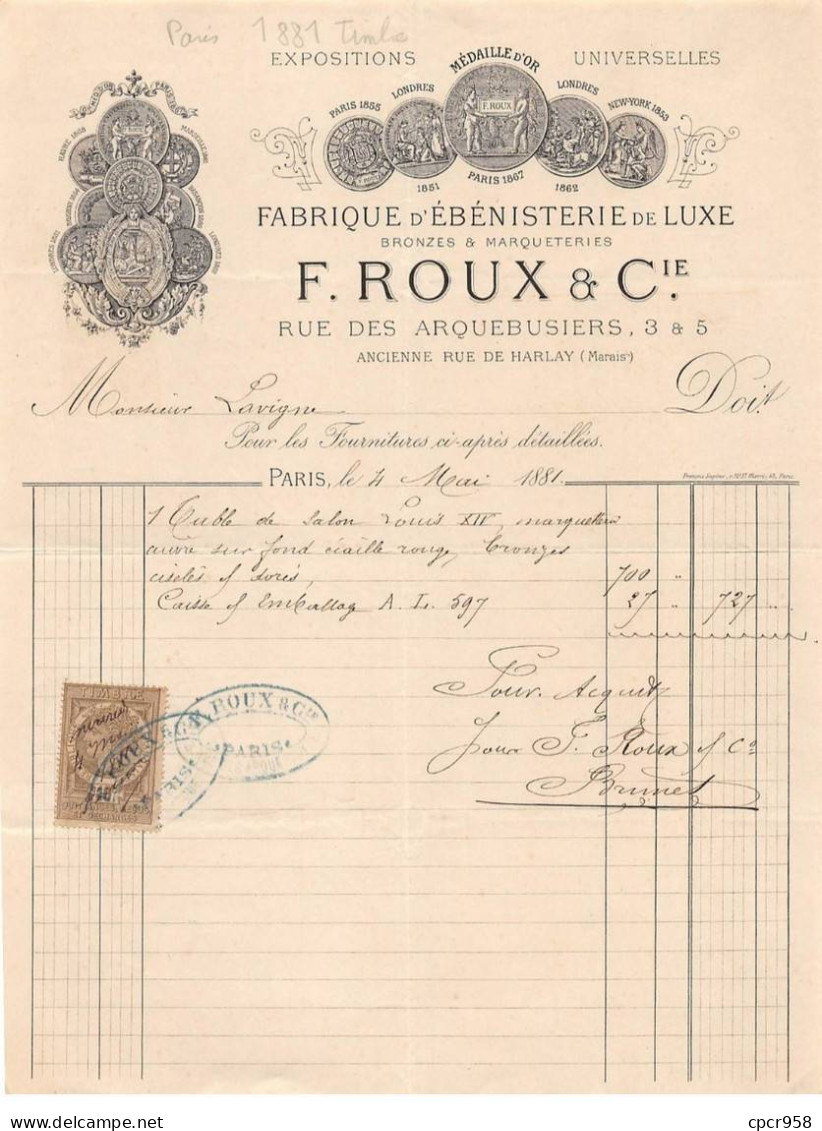 Facture.AM24247.Paris.1881.F Roux.Ebenisterie De Luxe.Timbre - 1800 – 1899