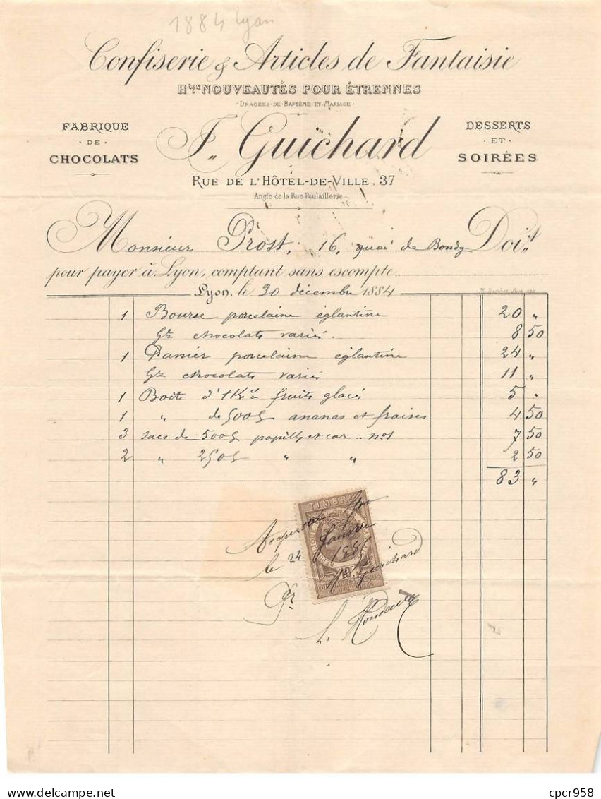 Facture.AM24014.Lyon.1884.Guichard.Chocolat.Confiserie.timbre - 1800 – 1899