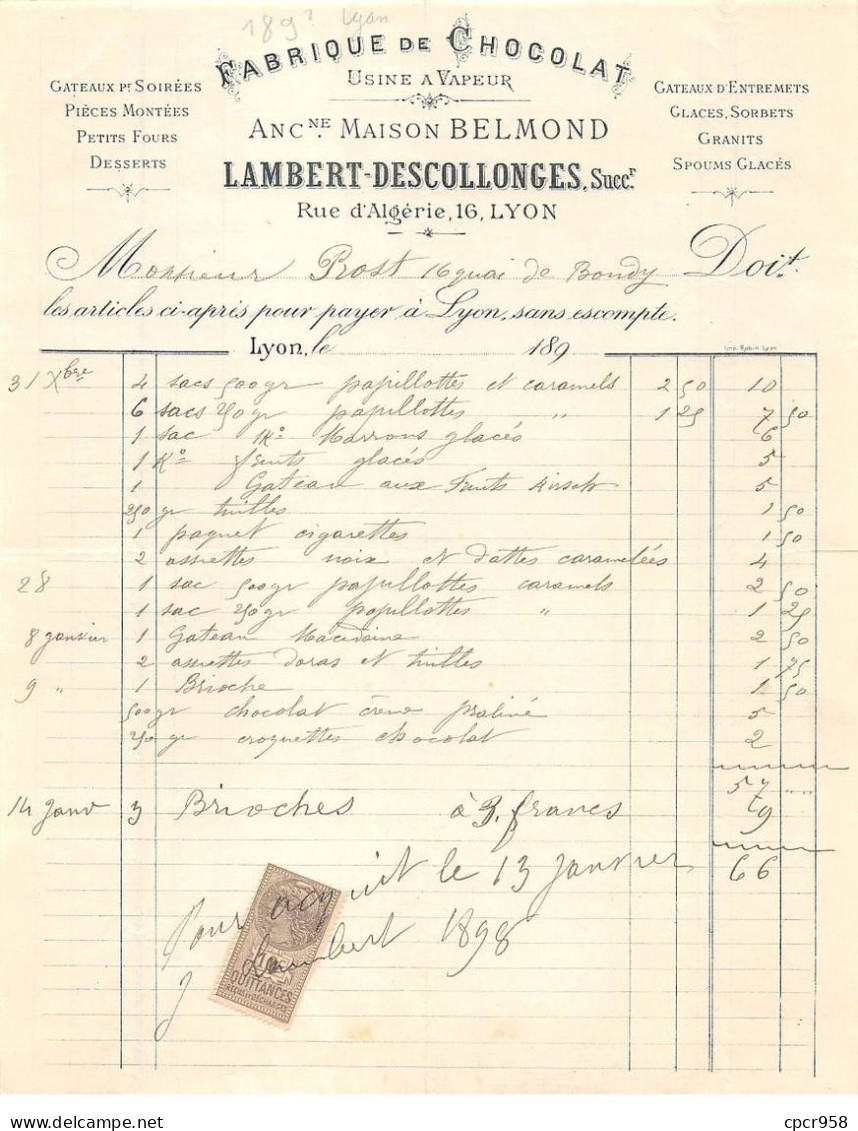 Facture.AM24015.Lyon.189?.Lambert-Descollonges.Belmond.Chocolat.Confiserie.timbre - 1800 – 1899