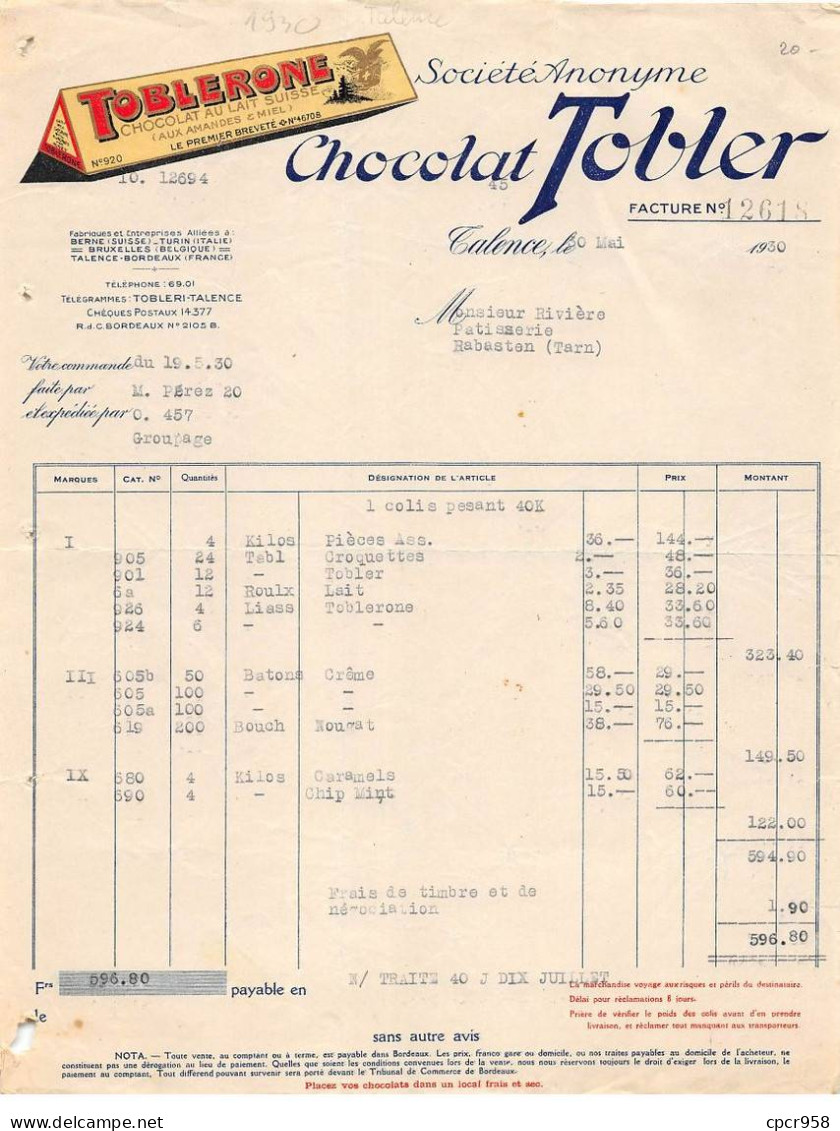 Facture.AM24010.Talence.1930.Tobler.Chocolat.Toblerone - 1900 – 1949