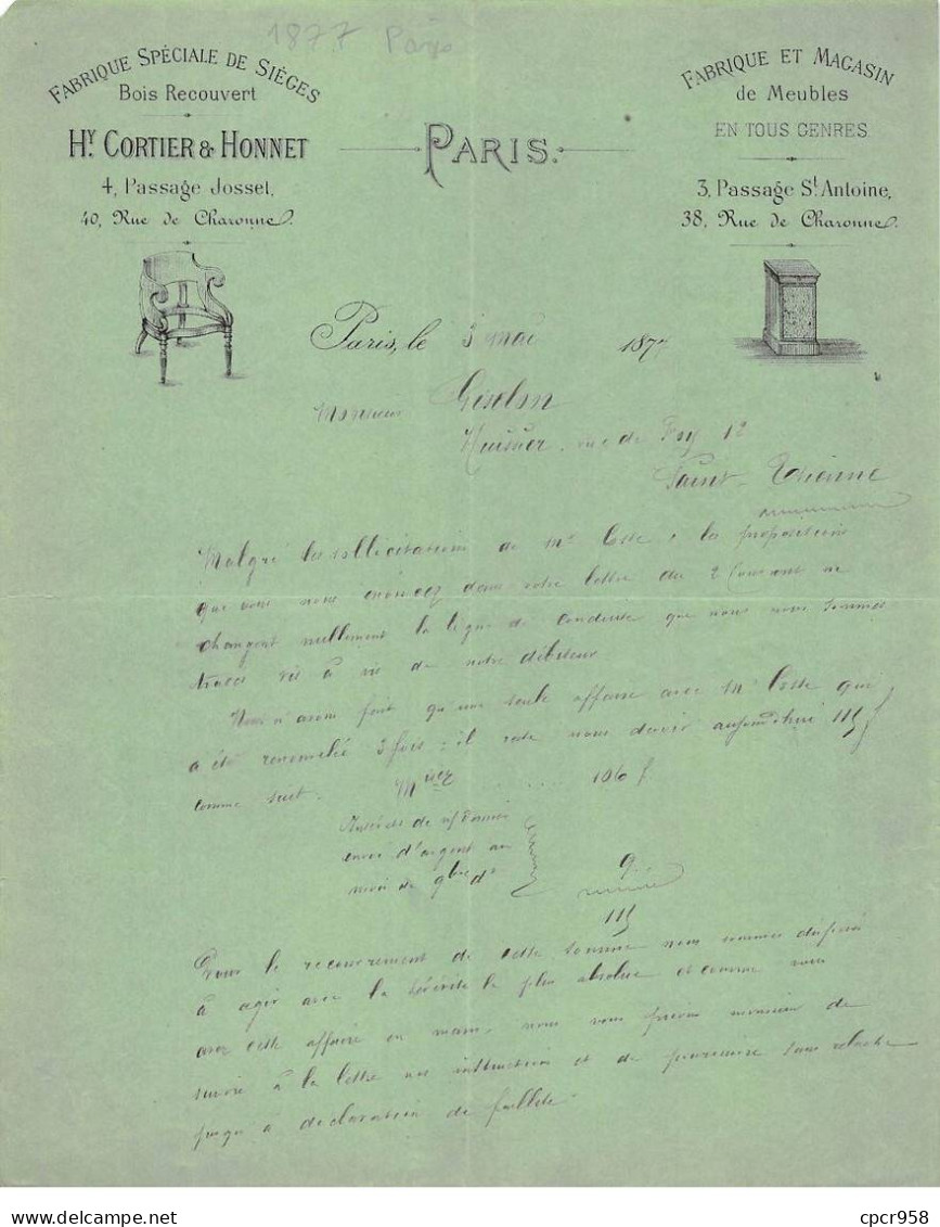 Facture.AM24225.Paris.1877.Paris.H Cortier & Honnet.Meuble.Siège - 1800 – 1899