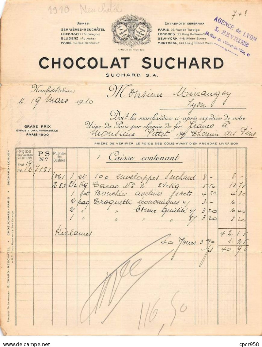 Facture.AM23998.Neuchatel.1910.Suchard.Chocolat.Cacao - 1900 – 1949