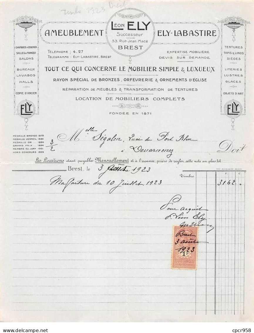 Facture.AM24214.Douarneney.Brest.1923.Leon Ely.Balastire.Ameublement.Mobilier.Timbre - 1900 – 1949