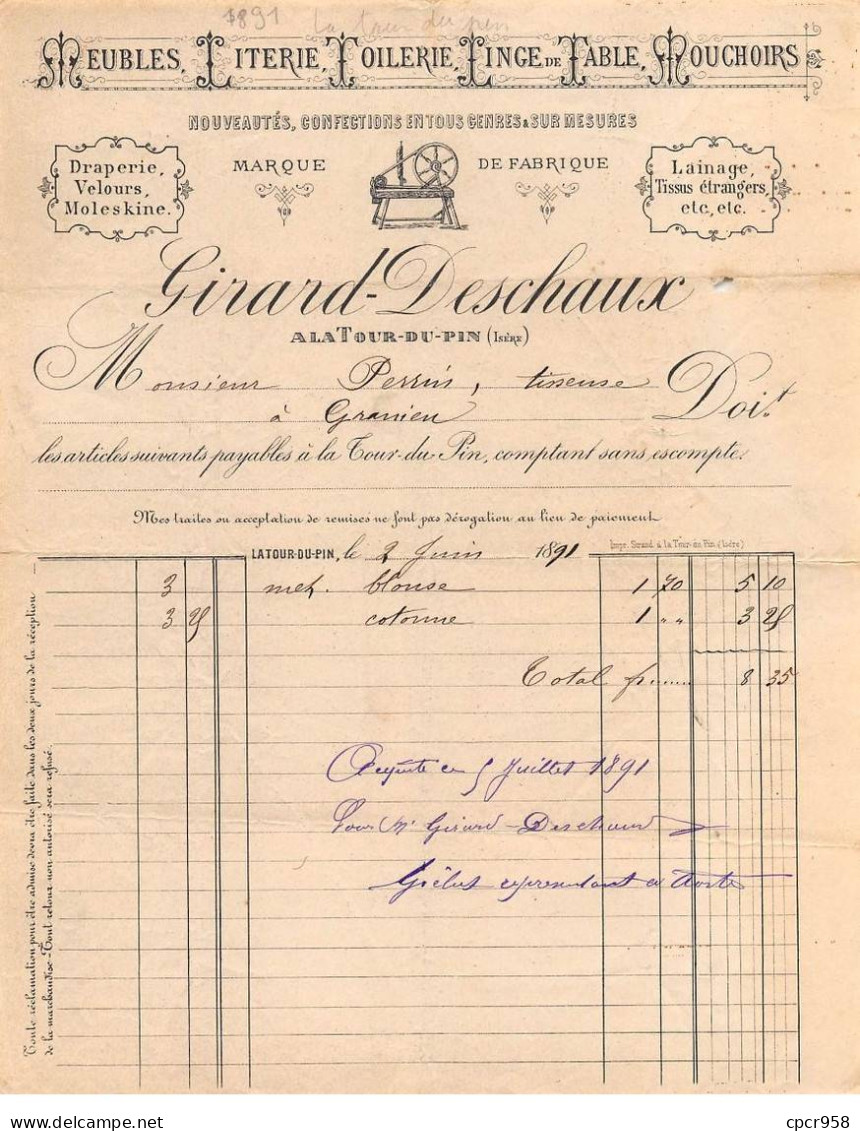 Facture.AM24206.La Tour Du Pin.1891.Girard Deschaux.Meubles.Literie.Linge - 1800 – 1899