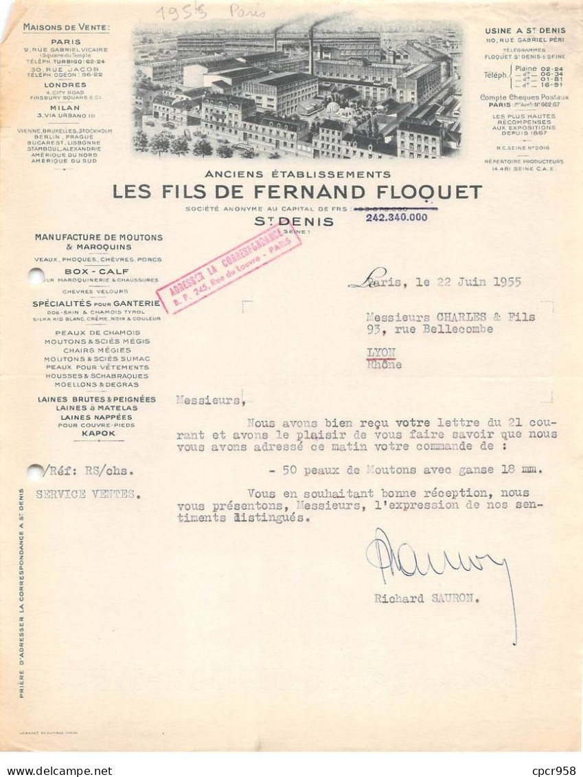 Facture.AM24589.Paris.1955.Saint Denis.Les Fils De Fernand Floquet.Maroquins - 1950 - ...