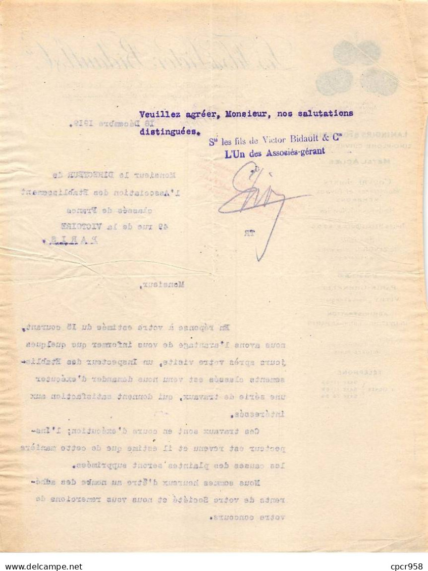 Facture.AM24580.Paris.1919.Les Fils De Victor Bidault & Cie.Laminoirs.Fonderies - 1900 – 1949