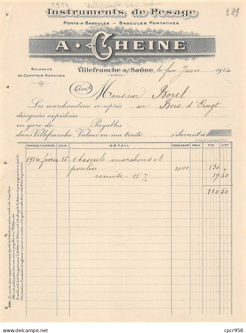 Facture.AM24568.Villefranche Sur Saone.1914.A Cheine.Instrument De Pesage - 1900 – 1949