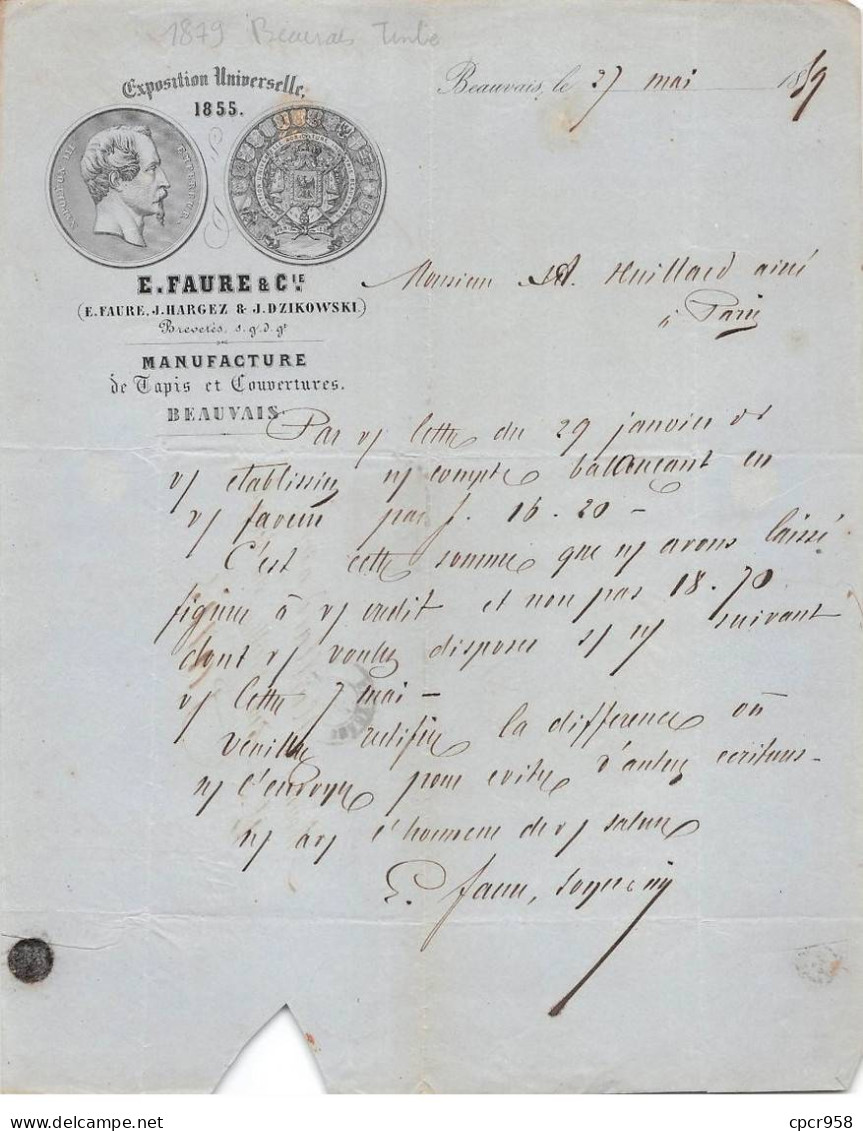 Facture.AM24213.Beauvais.1879.E Faure.Tapis.Couverture - 1800 – 1899
