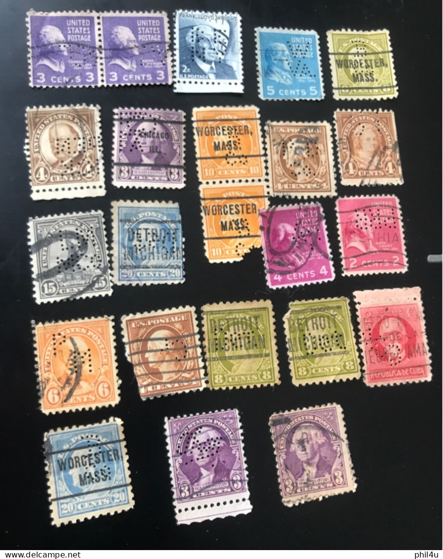 US 35+ Lot Used Old Stamps Perfin With Few Stamps Faults See Scan - Perfin