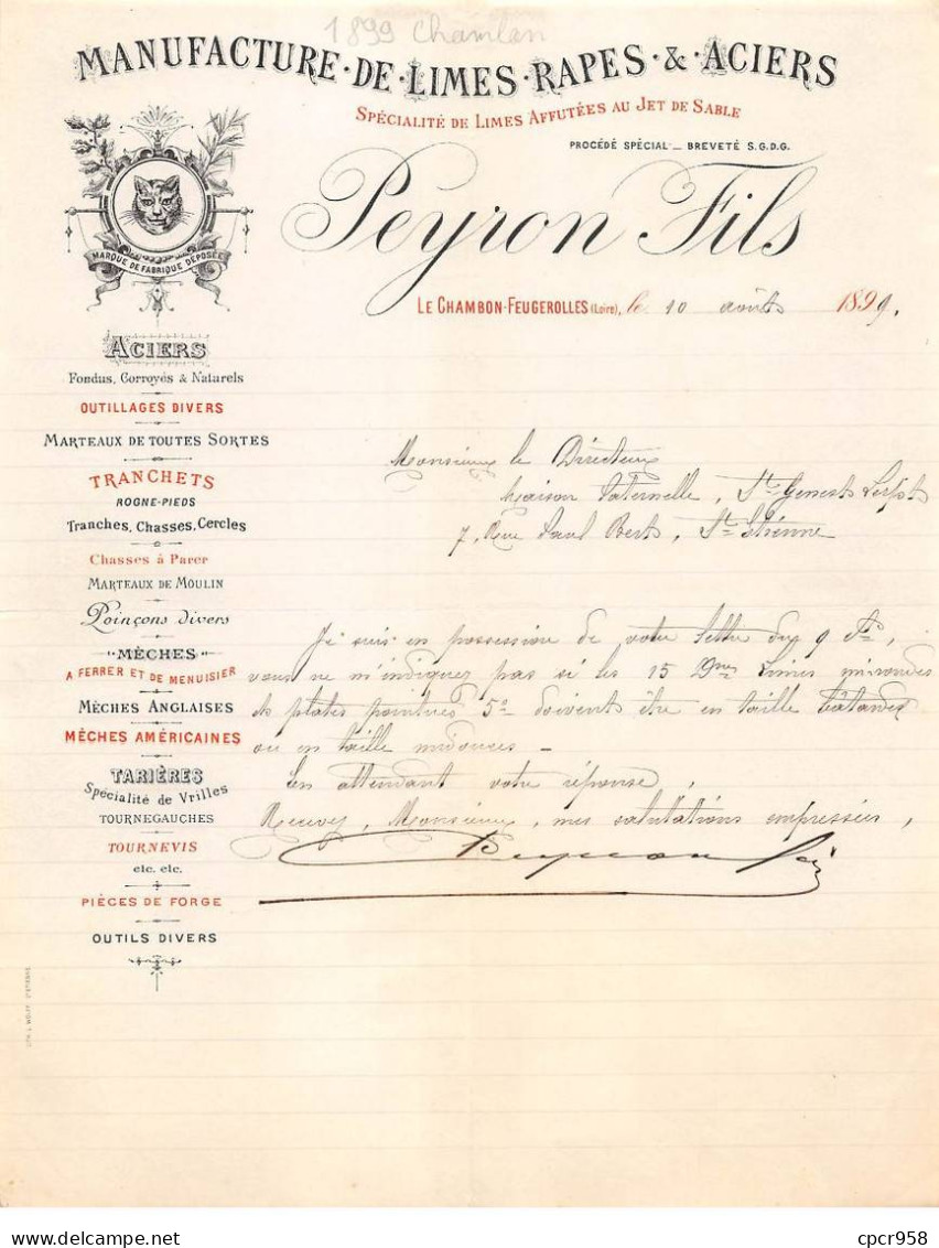 Facture.AM24177.Chambon-Feugerolles.1899.Peyton Fils.Limes.Râpes.Acier - 1800 – 1899