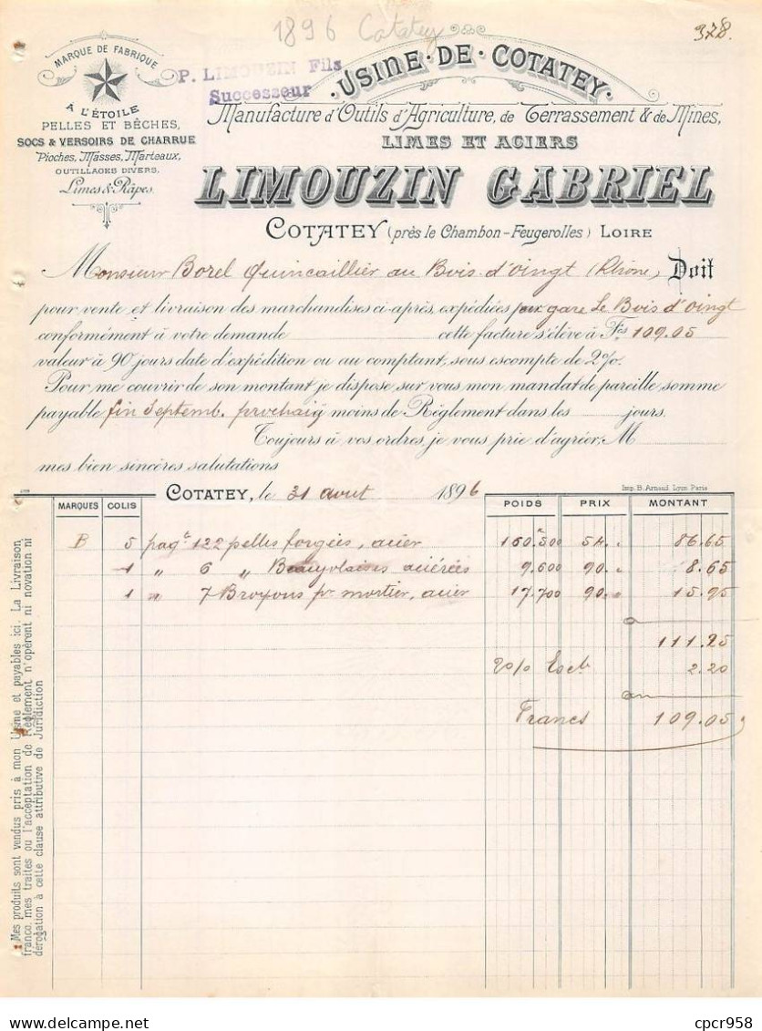 Facture.AM24171.Cotatey.1896.Limouzin Gabriel.Limes Et Aciers - 1800 – 1899