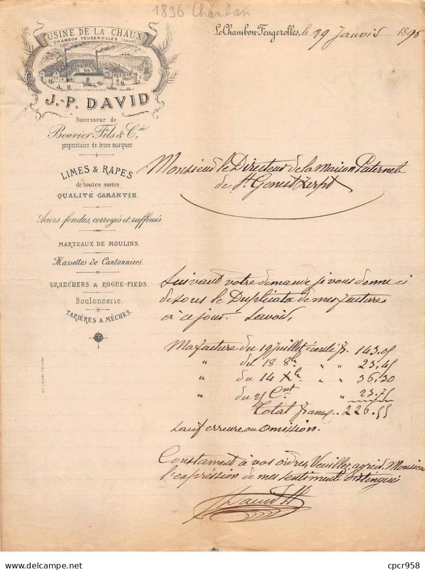 Facture.AM24176.Chambon-Feugerolles.1896.JP David.Limes.Râpes - 1800 – 1899