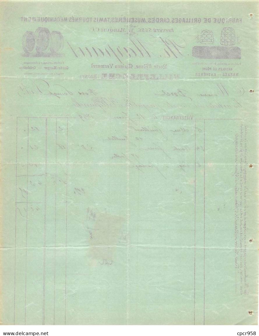 Facture.AM24562.Villefranche.1899.Ph Marpaut.Grillage.Carde.Muselère.tamis.pêche - 1800 – 1899