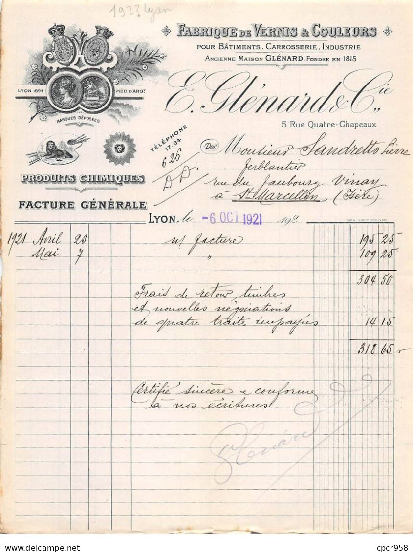 Facture.AM24560.Lyon.19??.E Glénard & Cie.Vernis & Couleurs.Carrosserie - 1900 – 1949