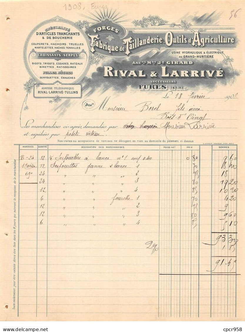 Facture.AM24555.Fures.1908.Rival & Larrivé.Taillanderie.Outil D'agriculture - 1900 – 1949
