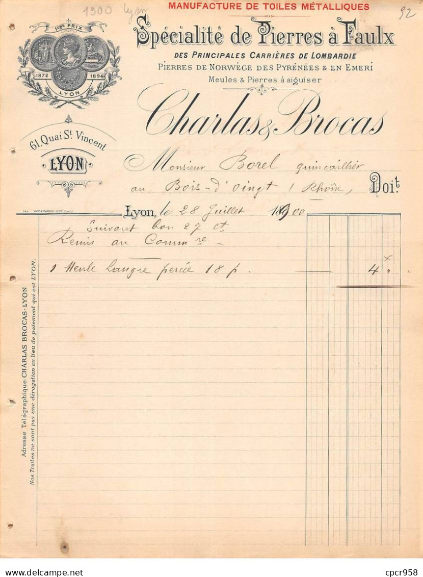 Facture.AM24529.Lyon.1900.Charles & Brocas.Pierres à Faulx - 1900 – 1949
