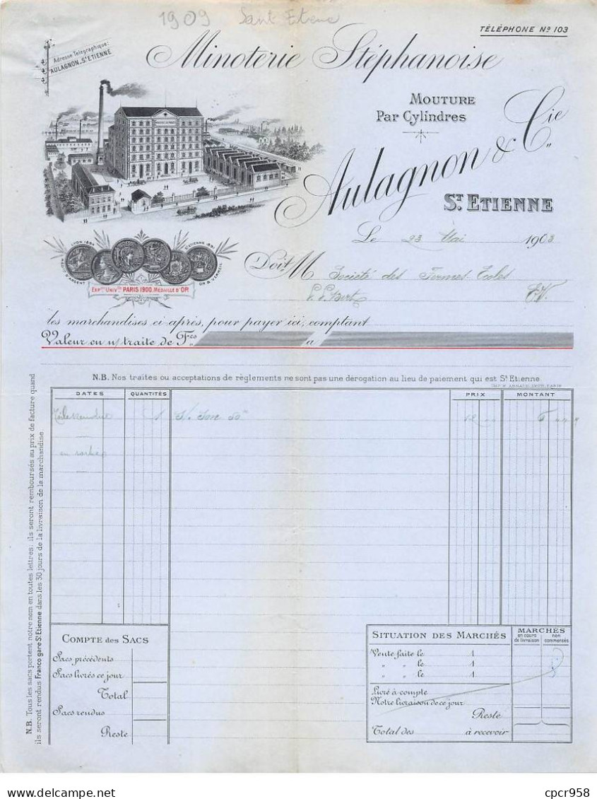 Facture.AM24536.Saint Etienne.1909.Aulagnon.Minoterie.Mouture Par Cylindres - 1900 – 1949
