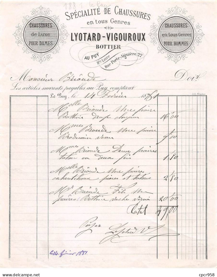 Facture.AM24494.Le Puy.1881.Lyotard Vigouroux.Chaussures.Bottier - 1800 – 1899