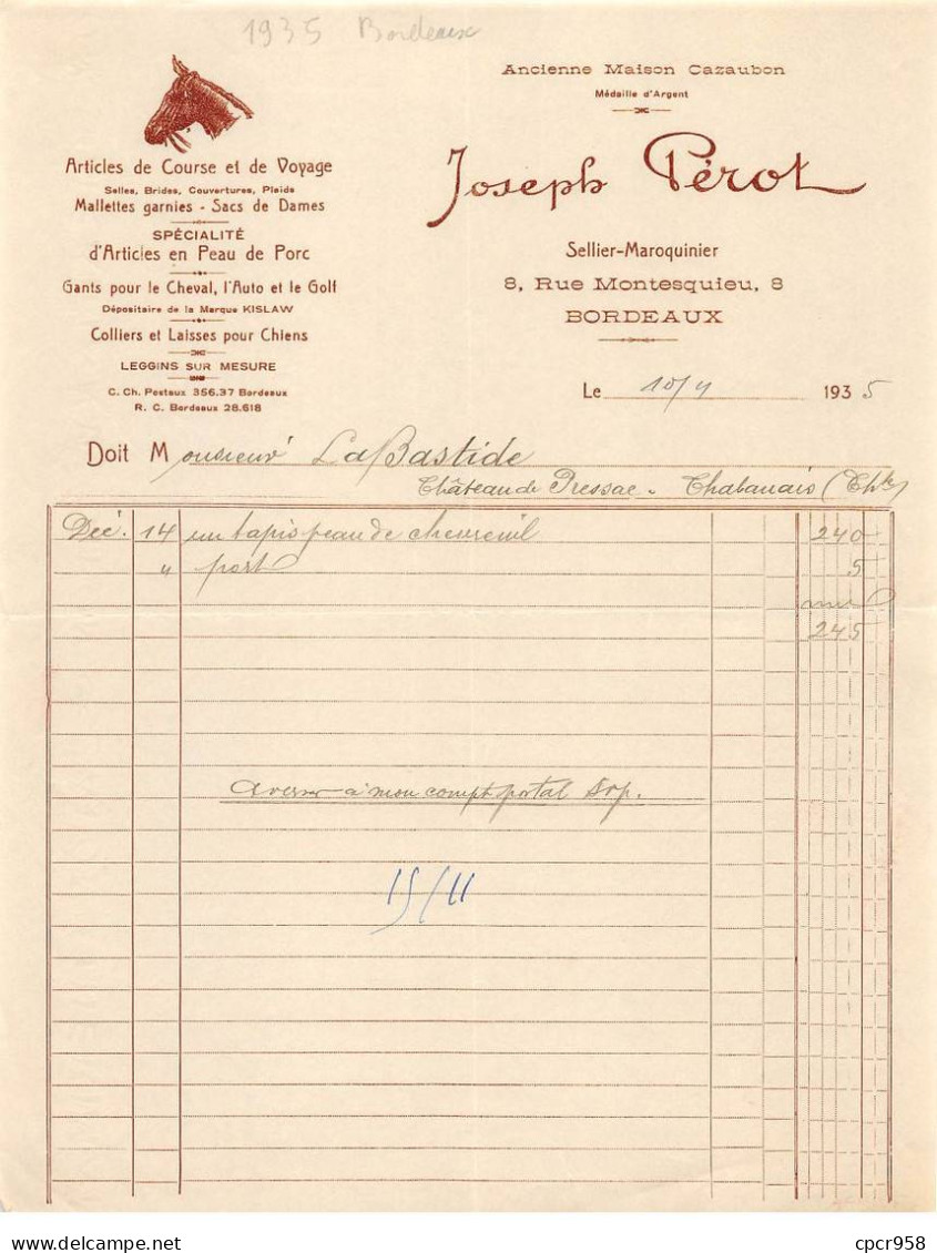 Facture.AM24466.Bordeaux.1935.Joseph Pérot.Article De Course Et De Voyage - 1900 – 1949