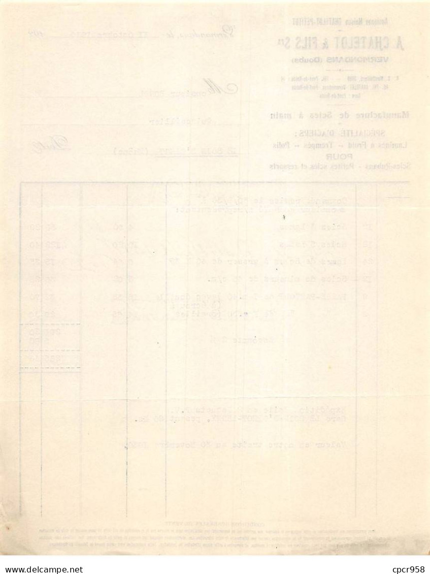 Facture.AM24159.Dermondans.1930.A Chatelot.Petitot.Scies à Main.Acier - 1900 – 1949