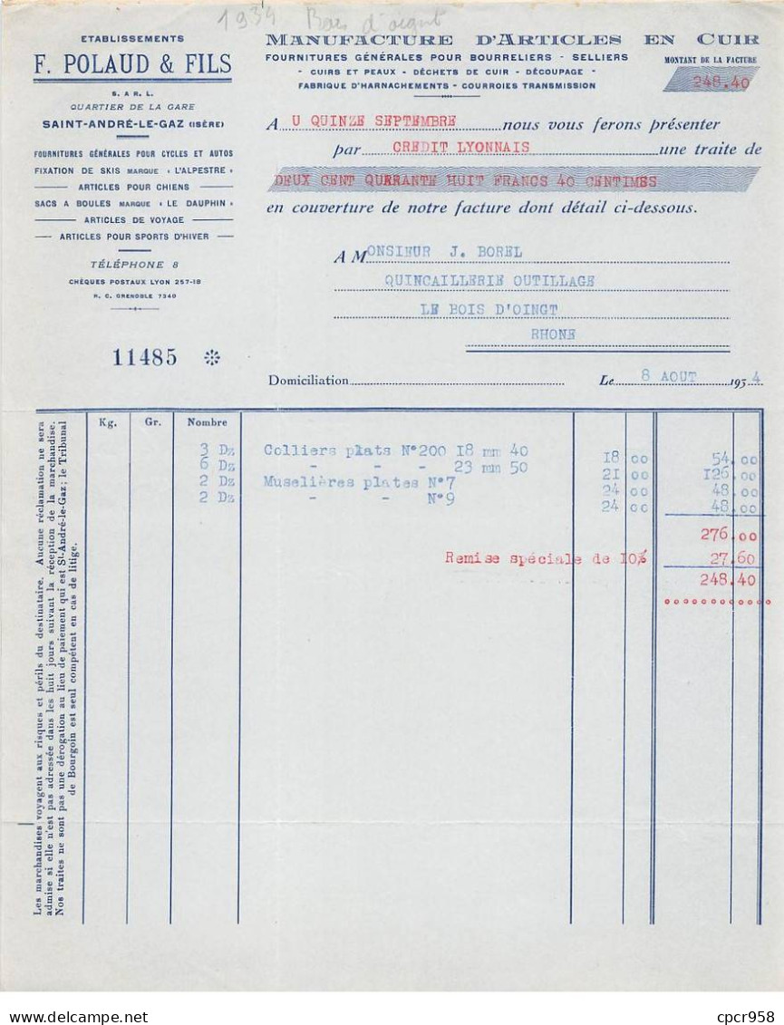 Facture.AM24464.Bois D'Oingt.1934.F Polaud & Fils.Articles En Cuir - 1900 – 1949
