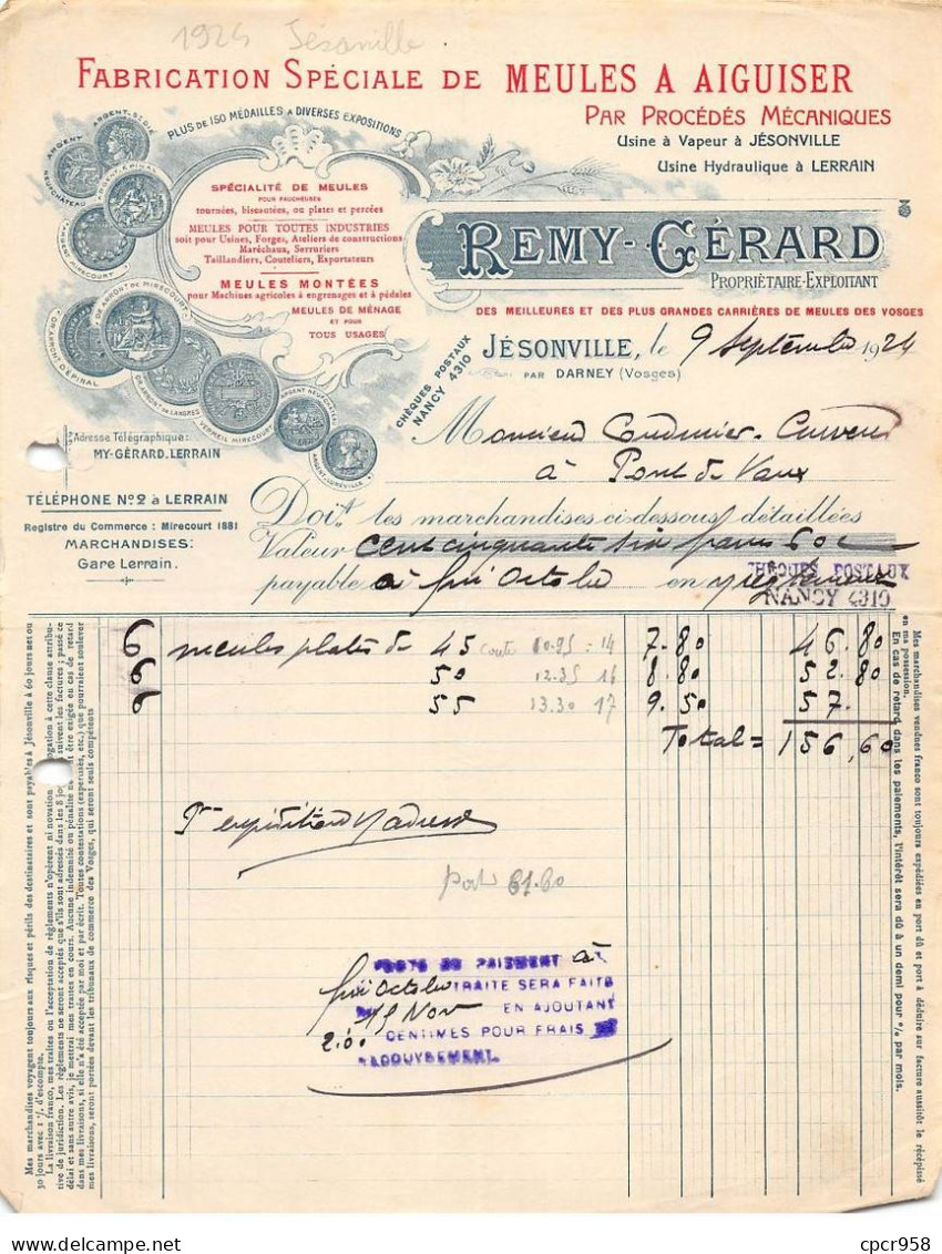 Facture.AM24152.Jésonville.1924.Rémy Gérard.Meules à Aiguiser - 1900 – 1949