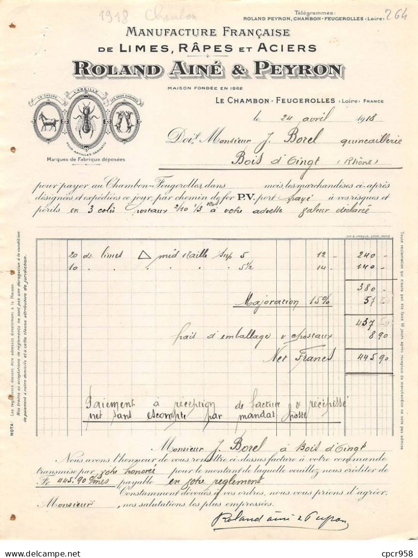 Facture.AM24154.Chambon-Feugerolles.1918.Roland Ainé.Peyron.Limes.Râpes.Acier - 1900 – 1949