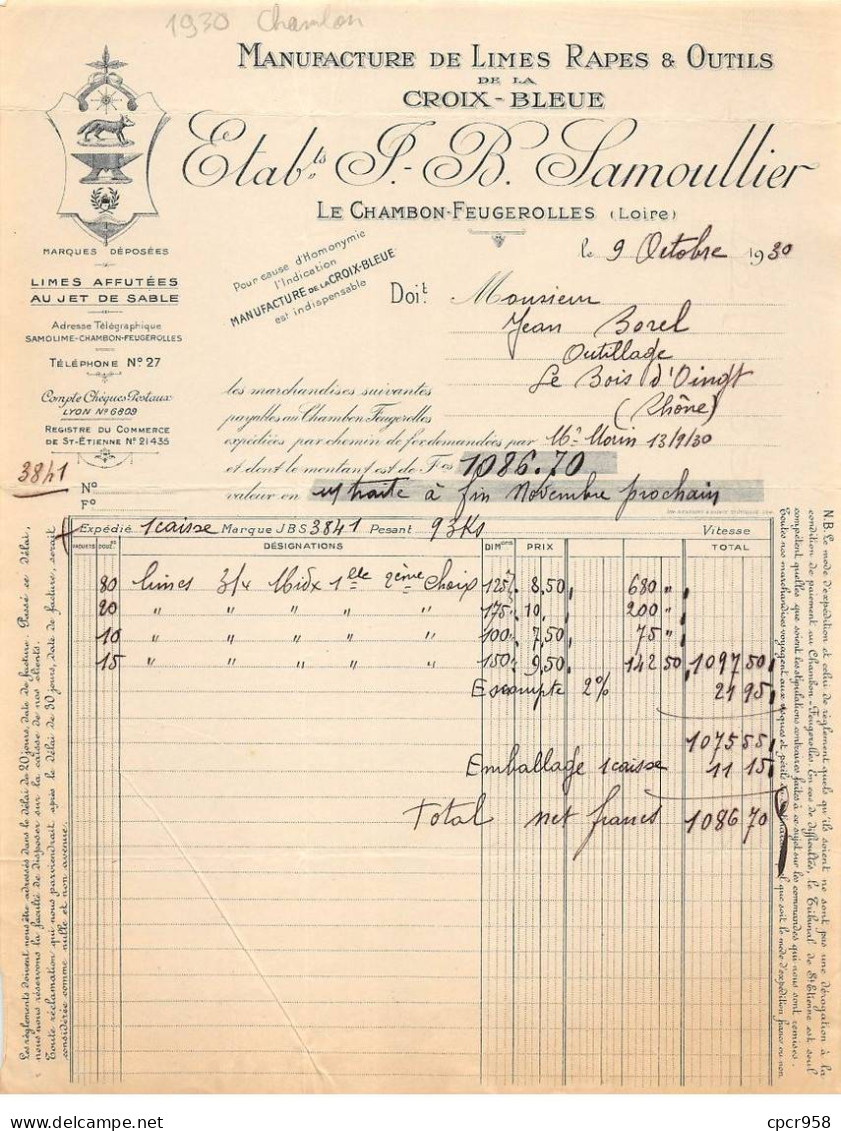 Facture.AM24161.Chambon Feugerolles.1930.Samoullier.Limes.Rapes.Outil De La Croix Bleue - 1900 – 1949