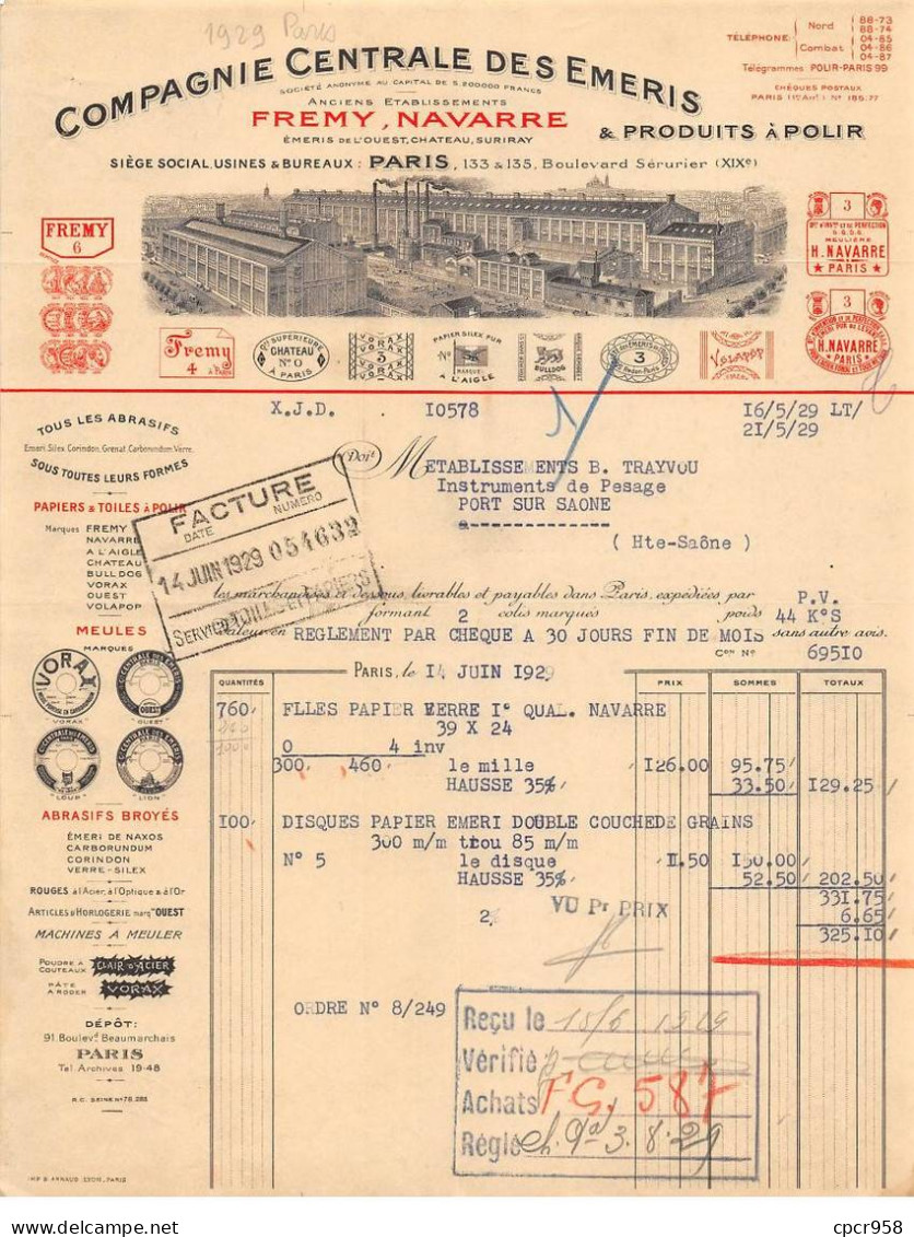 Facture.AM24149.Paris.1929.Fremy.Navarre.Compagnie Centrale Des Emeris - 1900 – 1949