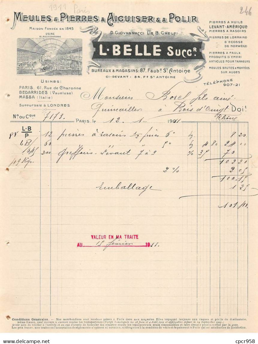 Facture.AM24150.Paris.1911.Belle.Meules.Pierre A Aiguiser Et à Polir - 1900 – 1949
