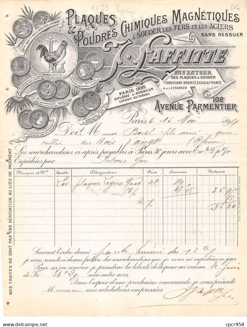 Facture.AM24140.Paris.1899.J Lafitte.Plaques.Poudres Chimiques Magnétiques - 1800 – 1899