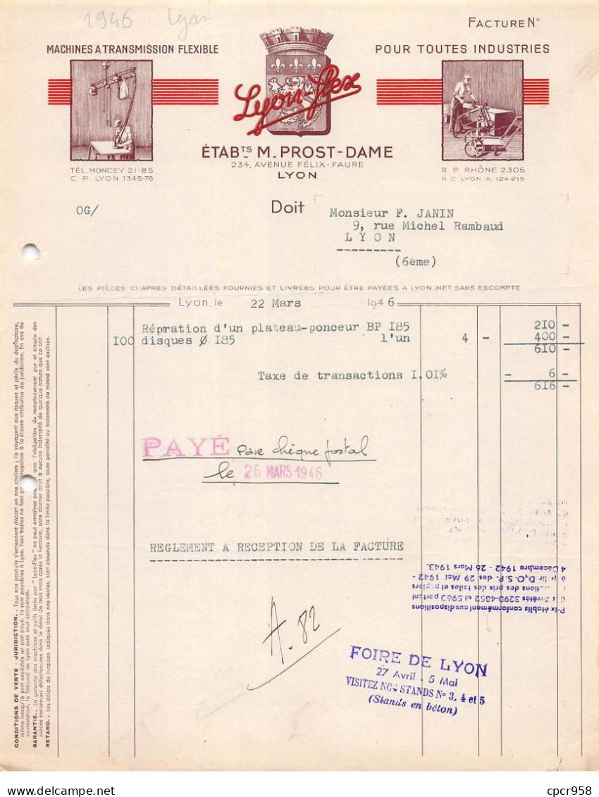 Facture.AM24122.Lyon.1946.M Prost-Dame.Lyon Flex.Machines à Transmission Flexible.industrie - 1900 – 1949