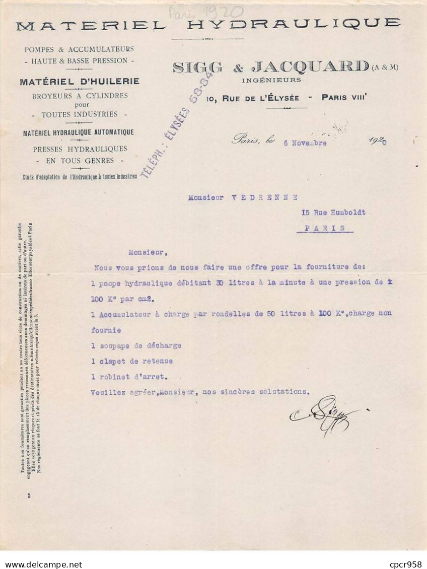 Facture.AM24109.Paris.1920.Sigg & Jacquard.Matériel Hydraulique - 1900 – 1949