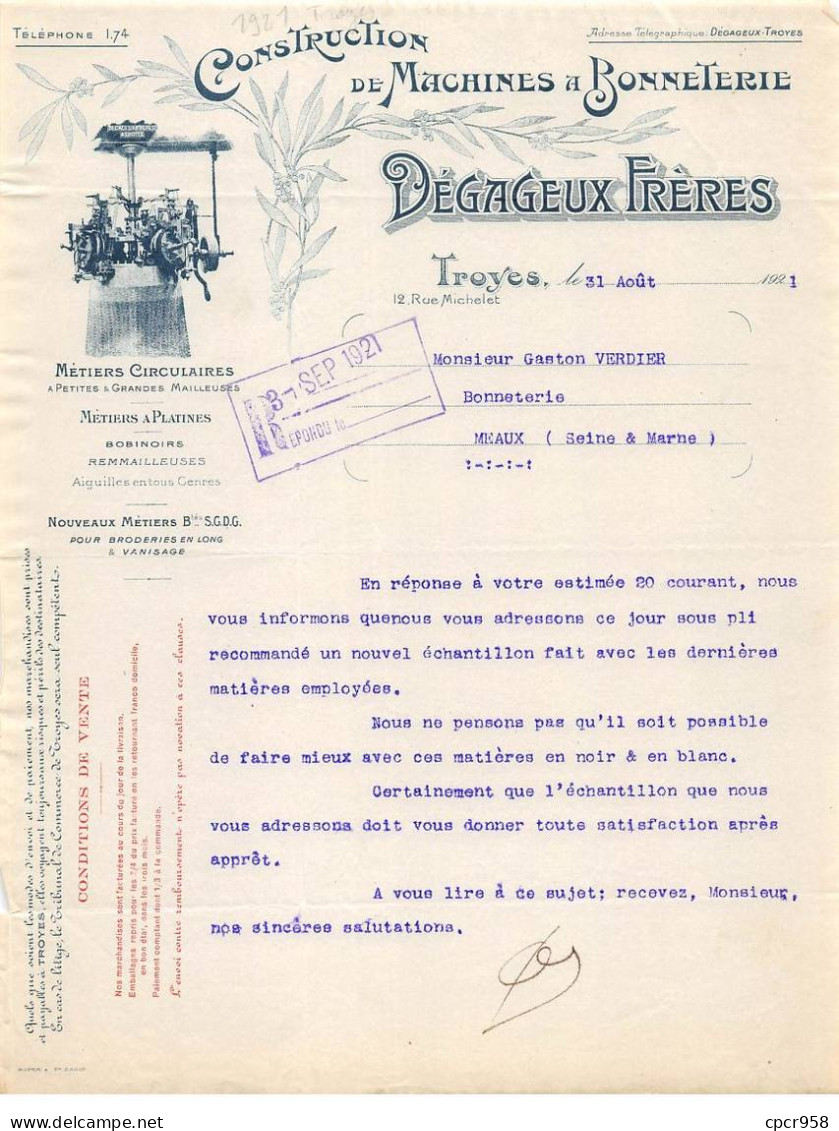 Facture.AM24106.Troyes.1921.Dégageux.Machines à Bonneterie.Métiers Circulaires - 1900 – 1949