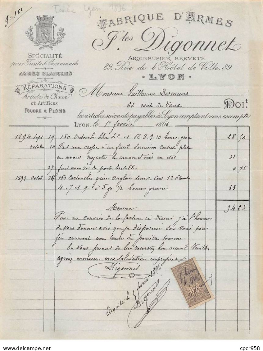 Facture.AM24102.Lyon.1896.Digonnet.Armes.Blanches.Chasse.Munitions - 1800 – 1899