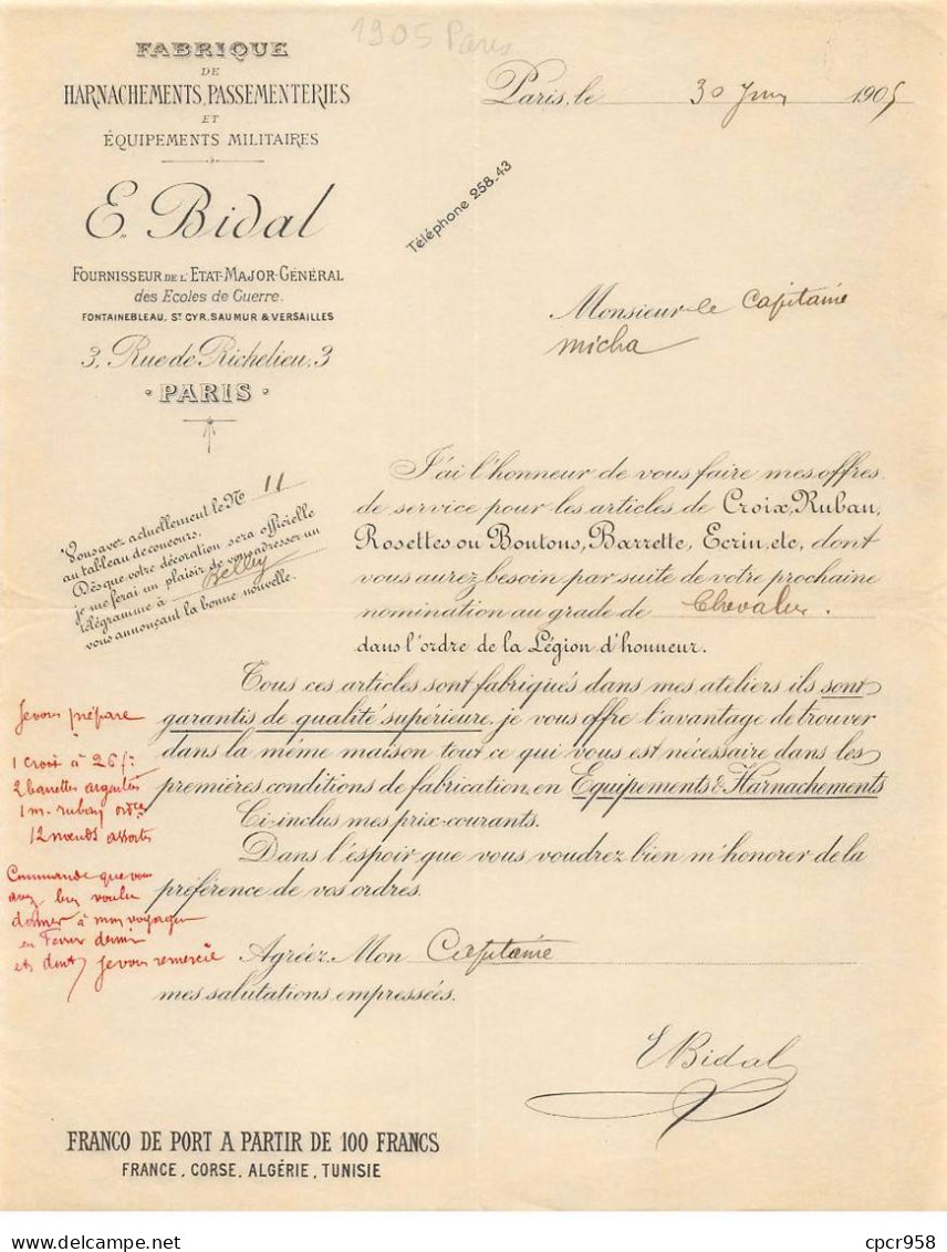 Facture.AM24092.Paris.1905.E Bidal.Equipements Militaires.Harnachements.Passementeries - 1900 – 1949