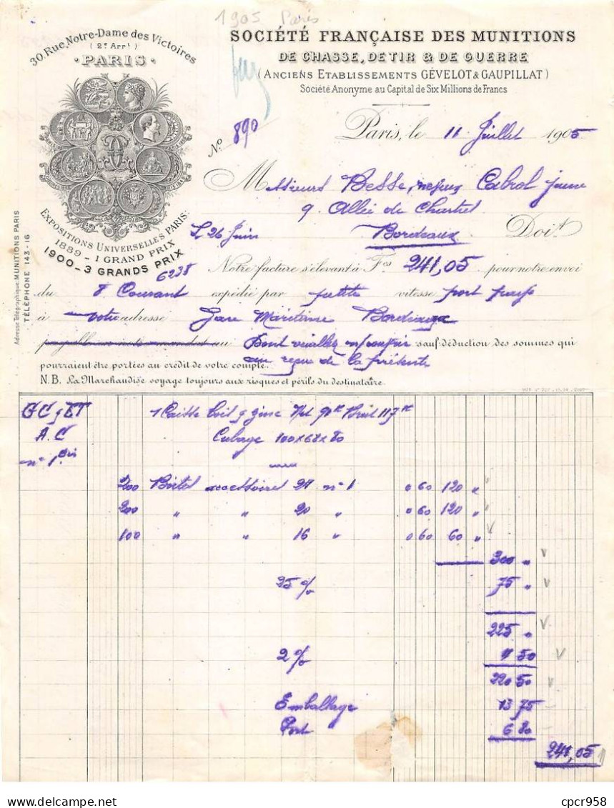 Facture.AM24085.Paris.1905.Société Française Des Munitions De Chasse De Tir Et De Guerre - 1900 – 1949