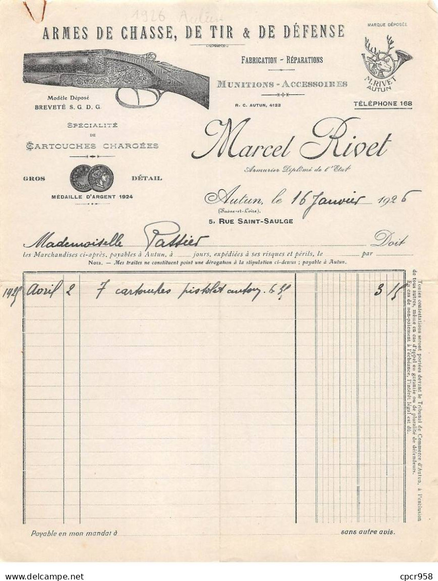 Facture.AM24096.Autun.1926.Marcel Rivet.Armes De Chasse.de Tir. De Défense.Munitions - 1900 – 1949
