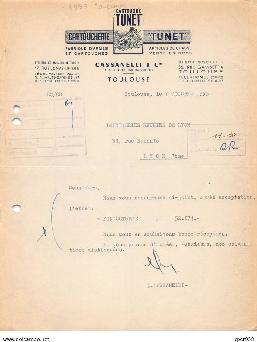 Facture.AM24086.Toulouse.1955.Cassanelli.Cartouche "Tunet".Armes.Chasse - 1950 - ...