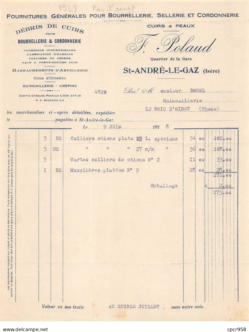 Facture.AM24463.Bois D'Oingt.St André Le Gaz.1928.F Polaud.Bourrellerie.Sellerie.Cordonnerie - 1900 – 1949