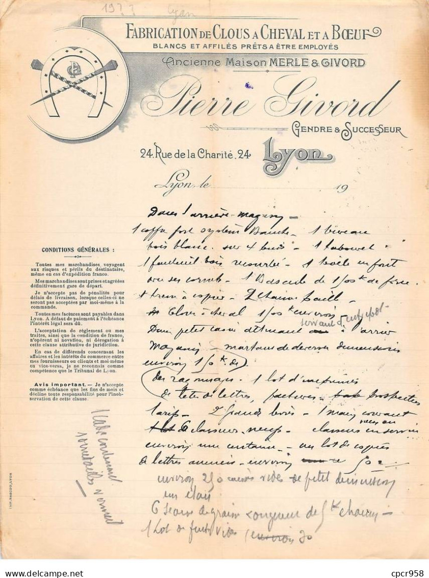 Facture.AM24449.Lyon.19??.Pierre Givord.Merle.Clou à Cheval Et à Boeuf - 1900 – 1949