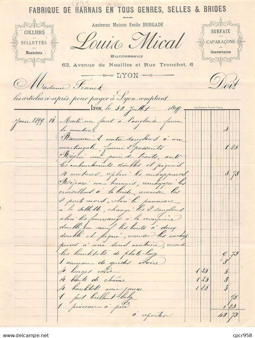 Facture.AM24441.Lyon.1899.Louis Mical.Sellerie.Bourrellerie.Carrosserie - 1800 – 1899