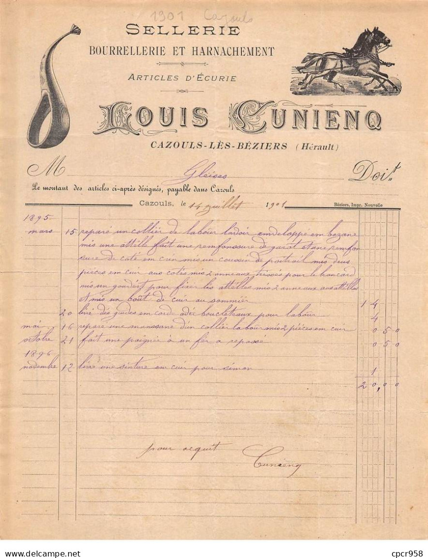 Facture.AM24429.Cazouls Les Béziers.1925.Louis Cunienq.Bourrellerie.Sellerie.Harnachement - 1900 – 1949