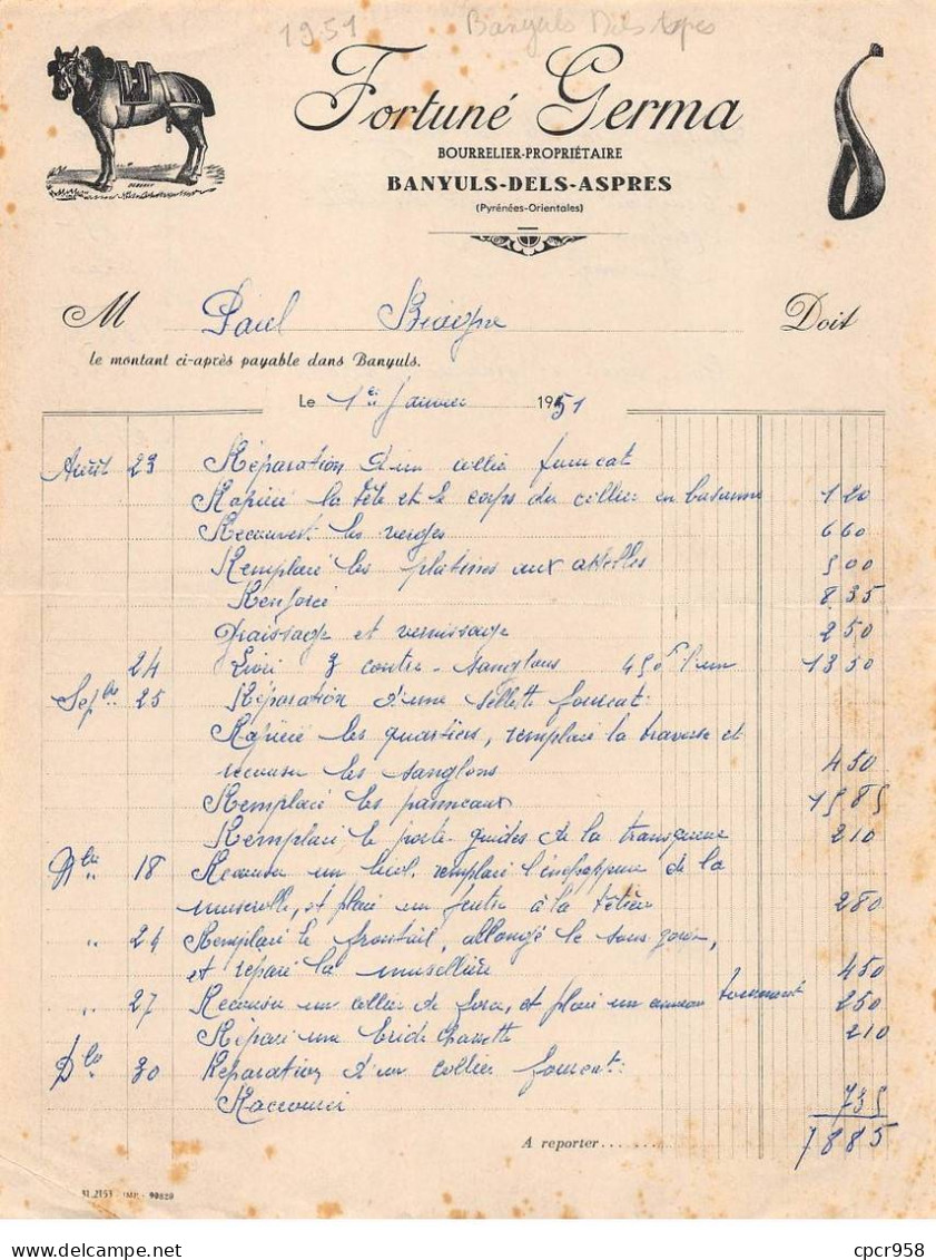 Facture.AM24420.Banyuls Dels Apres.1951.Fortuné Germa.Bourrellerie - 1950 - ...