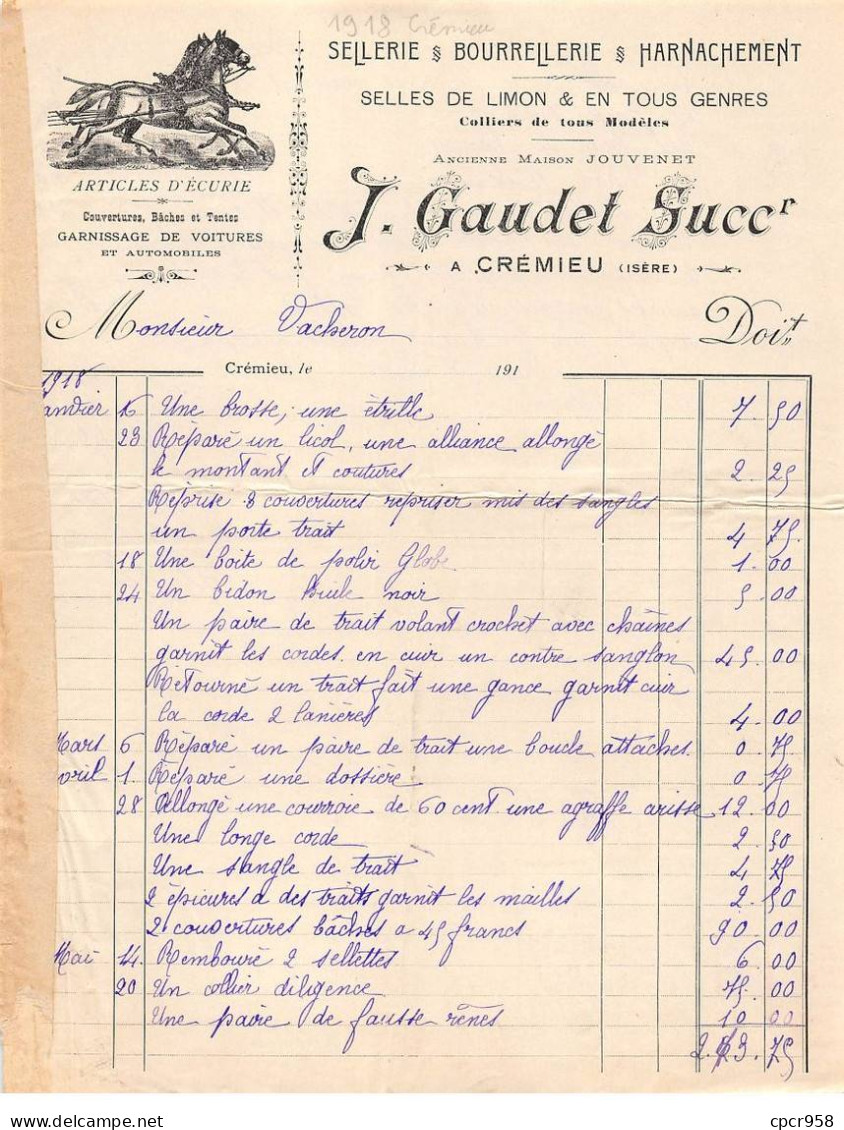 Facture.AM24423.Crémieu.1918.J Gaudet.Bourrellerie.Sellerie.Harnachement - 1900 – 1949