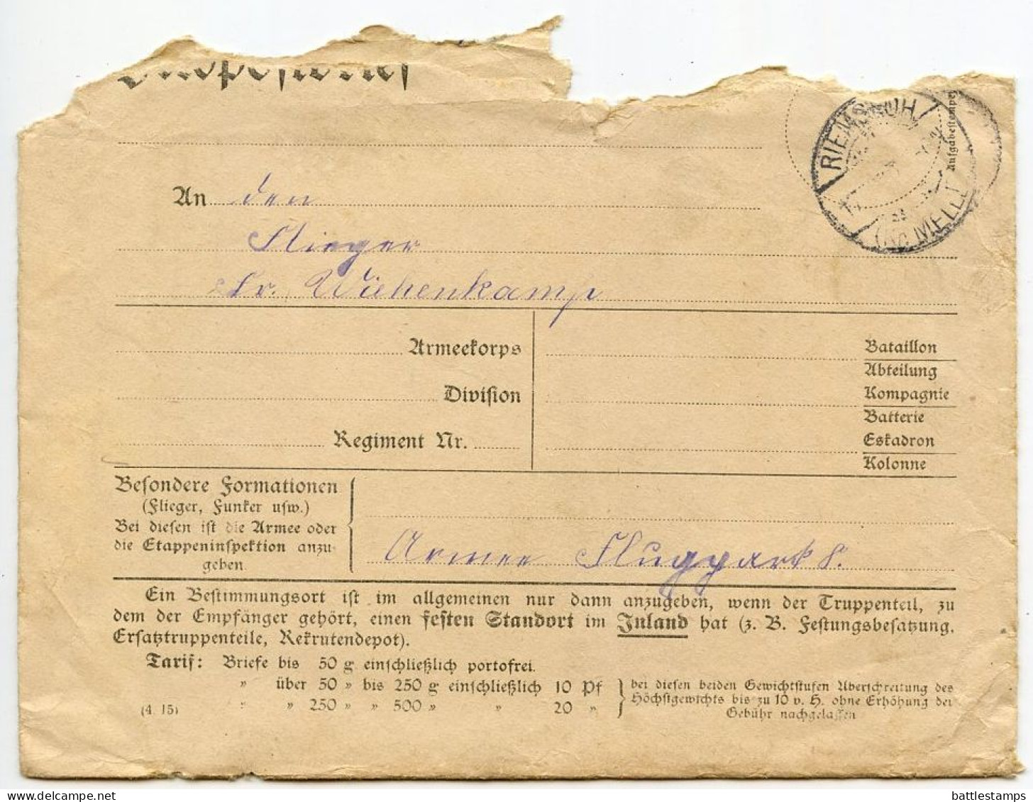 Germany 1917 WWI Feldpost Cover, Letter & Einer Für Alle!; Riemsloh To Armee Flugpark 8, Flieger Wiehenkamp (Aviator) - Feldpost (Portofreiheit)